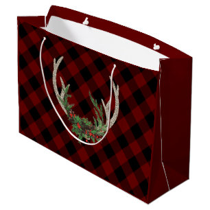 Rustic Boho Deer Antlers   Christmas Plaid Floral Large Gift Bag