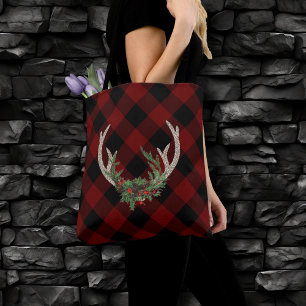 Rustic Boho Deer Antlers   Christmas Plaid Floral Tote Bag