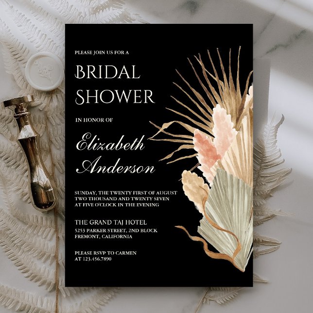 Rustic Boho Dried Palm Pampas Black Bridal Shower Invitation (Creator Uploaded)