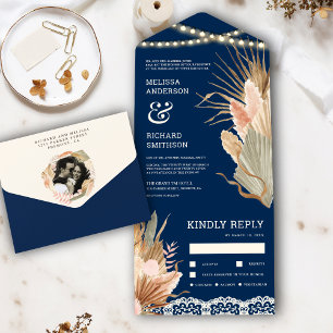 Rustic Boho Dried Palm Pampas Navy Blue Wedding All In One Invitation