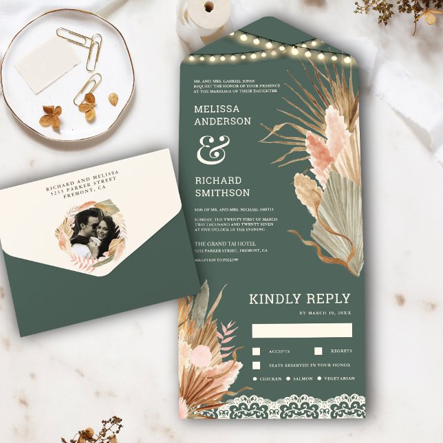 Rustic Boho Dried Palm Pampas Sage Green Wedding All In One Invitation (Creator Uploaded)