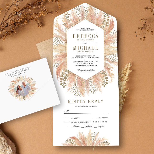 Rustic Boho Dried Pampas Grass Hex Frame Wedding All In One Invitation (Creator Uploaded)
