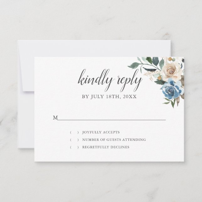 Rustic Boho Dusty Blue Flowers Wedding RSVP Card (Front)