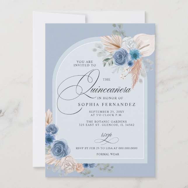 Rustic Boho Dusty Blue Pampas Quinceanera Invitation (Front)