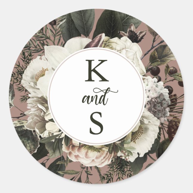 Rustic Boho Dusty Pink Floral Wedding Monogram Cla Classic Round Sticker (Front)