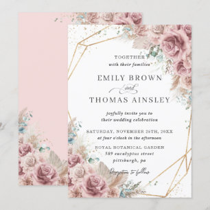 Rustic Boho Dusty Rose Blush Floral Pampas Wedding Invitation