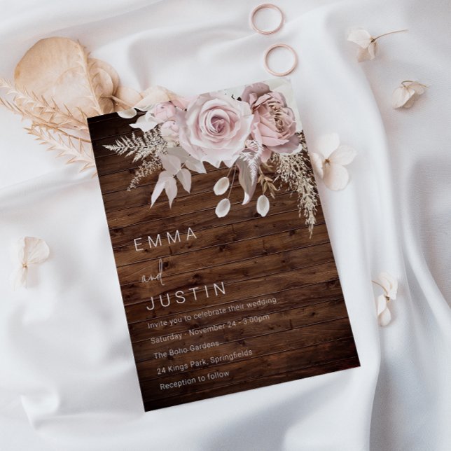Rustic Boho Dusty Rose Blush Floral Wedding Invitation (Creator Uploaded)