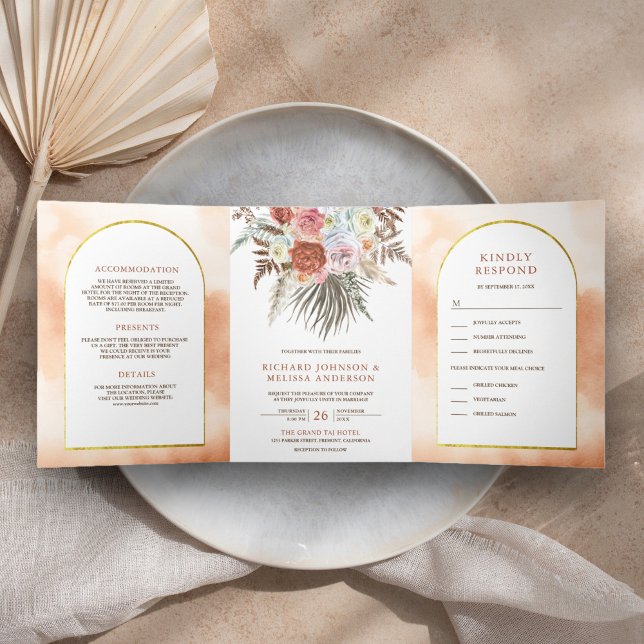 Rustic Boho Earthy Floral Arch All in One Wedding Tri-Fold Invitation (Creator Uploaded)