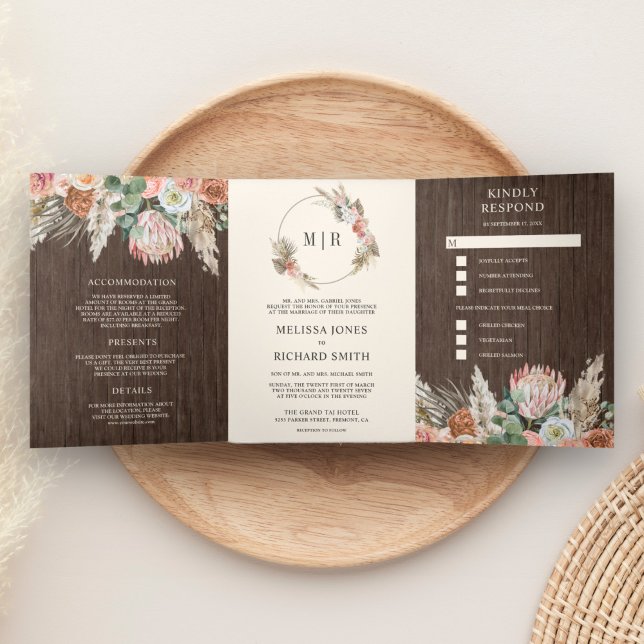 Rustic Boho Earthy Floral Pampas Barn Wood Wedding Tri-Fold Invitation (Creator Uploaded)