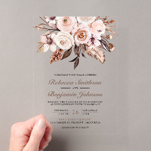 Rustic Boho Earthy Ivory Floral Wedding Acrylic Invitations