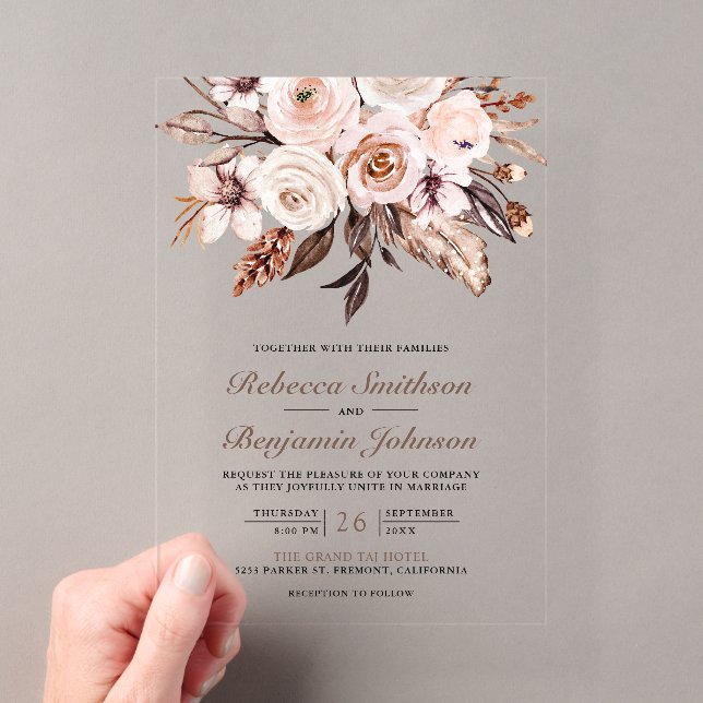 Rustic Boho Earthy Ivory Floral Wedding Acrylic Invitations (Insitu (Handheld))