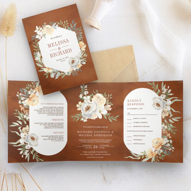 Rustic Boho Earthy Peach Floral Terracotta Wedding Tri-Fold Invitation (Creator Uploaded)