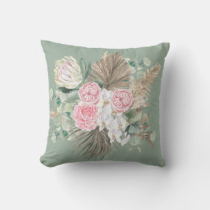 Rustic Boho Evergreen Pink Floral Pampas Greenery Outdoor Pillow
