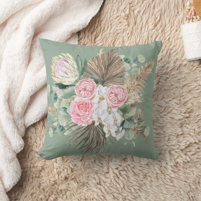 Rustic Boho Evergreen Pink Floral Pampas Greenery Throw Pillow (Blanket)