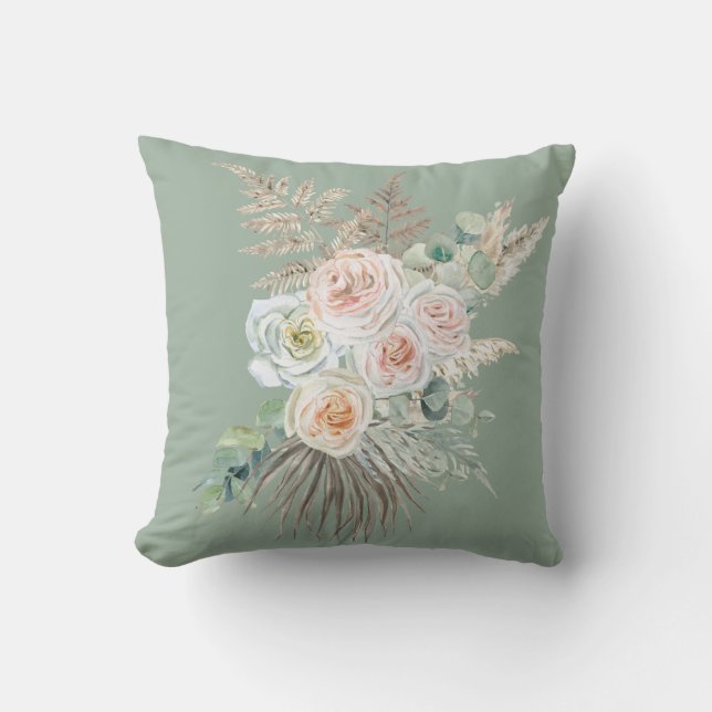 Rustic Boho Evergreen Pink Floral Pampas Porch  Outdoor Pillow (Front)