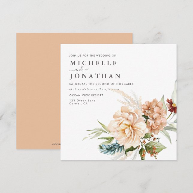 Rustic Boho Fall Flowers Wedding Invitation (Front/Back)