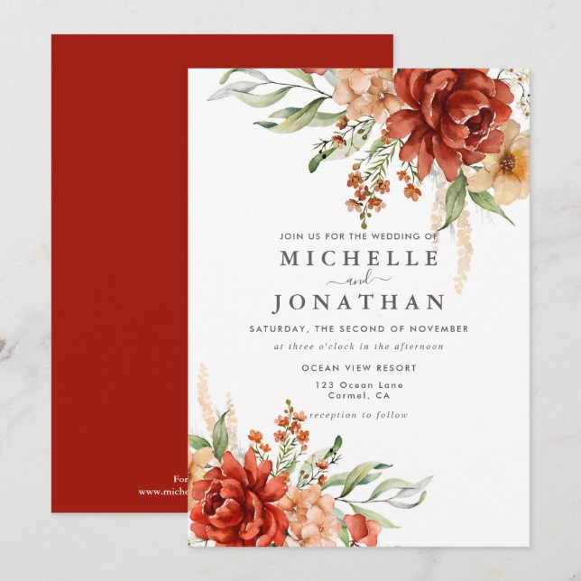 Rustic Boho Fall Flowers Wedding Invitation (Front/Back)