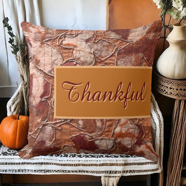 Rustic boho fall orange thankful script embroidery throw pillow (Creator Uploaded)