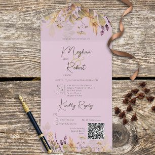 Rustic Boho Fall Wildflowers Purple QR Code All In One Invitation