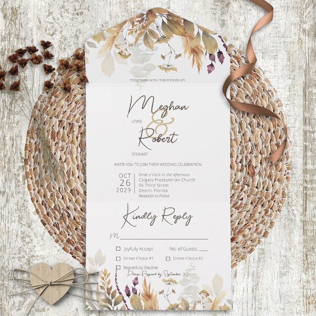 Rustic Boho Fall Wildflowers White Dinner All In One Invitation (Creator Uploaded)