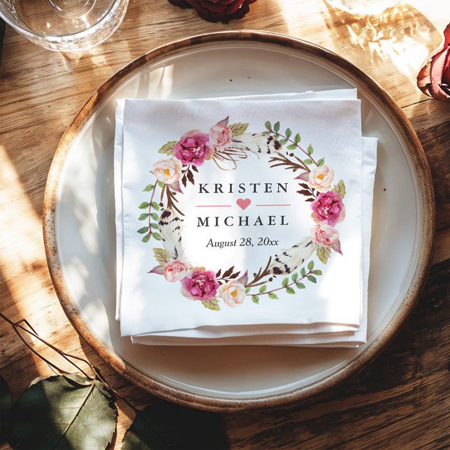 Rustic Boho Feather Floral Wreath Wedding Party Napkin (Creator Uploaded)