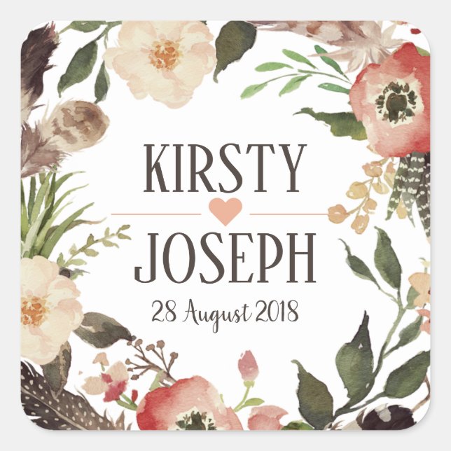 Rustic Boho Feather Floral Wreath Wedding Sticker (Front)