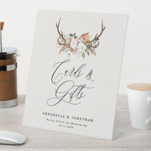 Rustic Boho Floral Antler Wedding Card & Gift Pedestal Sign