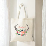 Rustic Boho Floral Antlers with Name Tote Bag<br><div class="desc">A rustic boho inspired design with deer antlers embellished with a bouquet of pink and peach watercolor flowers. Insert your name or other desired text in place of the sample name shown. You can also delete the text if you prefer this item without it.</div>