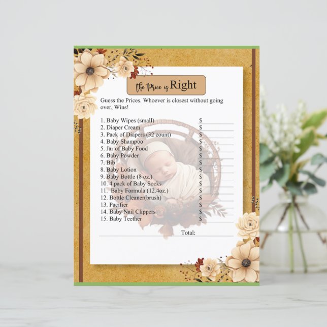 Rustic Boho Floral Baby Shower Price is Right Game (Standing Front)