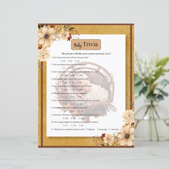Rustic Boho Floral Baby Shower Trivia Game (Standing Front)