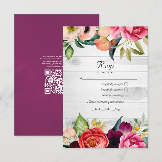 Rustic Boho Floral Bohemian QR Code RSVP Wedding Card (Front/Back)