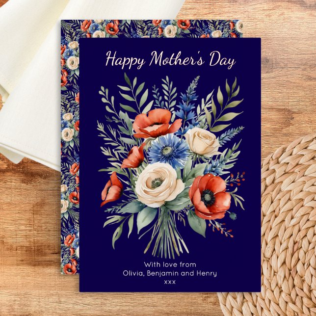Rustic Boho Floral Bouquet Happy Mother's Day Foil Holiday Card (A personalized Mother's Day card, with foil detail, cream roses, red poppies and blue cornflowers)