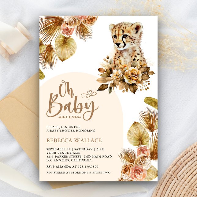 Rustic Boho Floral Cheetah Girl Baby Shower Invitation (Creator Uploaded)