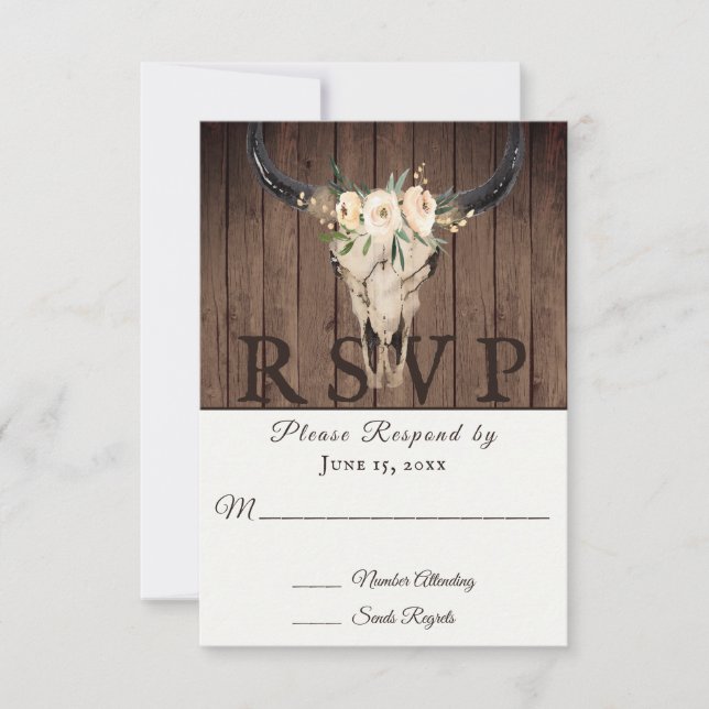 Rustic Boho Floral Cow Skull on Barnwood Wedding RSVP Card (Front)