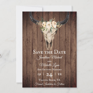 Rustic Boho Floral Cow Skull on Barnwood Wedding Save The Date