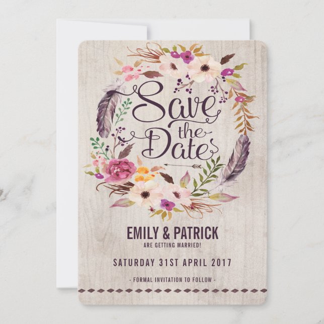 Rustic Boho Floral Enregistrer la date Invitation (Devant)