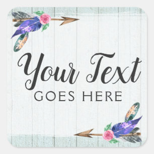 Rustic Boho Floral & Feather Arrow Watercolor Wood Square Sticker