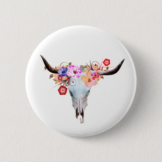 Rustic Boho Floral Longhorn Skull 2 Inch Round Button (Front)