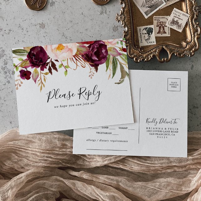 Rustic Boho Floral Menu Choice RSVP Postcard (Creator Uploaded)