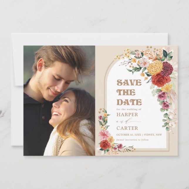 Rustic Boho Floral Pampas Save the Date Photo (Front)