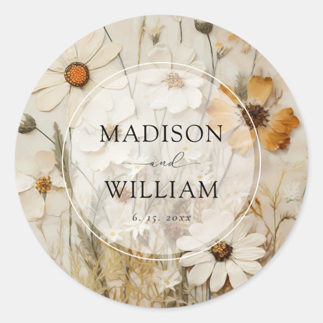 Rustic Boho floral Personalized Wedding Classic Round Sticker (Front)