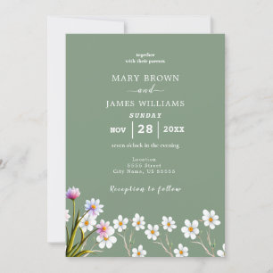 Rustic Boho Floral Sage Green & White Wedding  Invitation