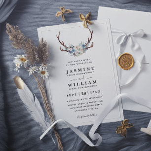 Rustic Boho Floral Stag Antlers Elegant Wedding Invitation
