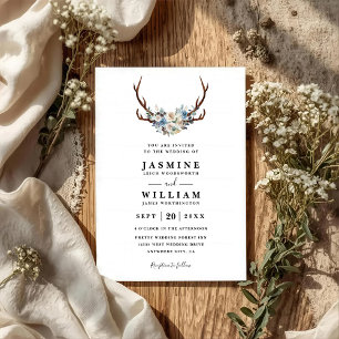 Rustic Boho Floral Stag Antlers QR Code Wedding Invitation