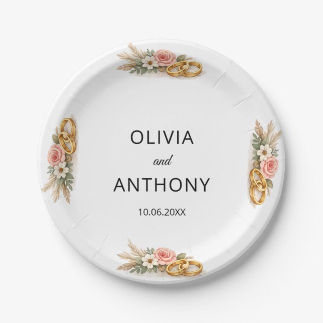 Rustic Boho Floral Watercolor Wedding  Paper Plate (Front)