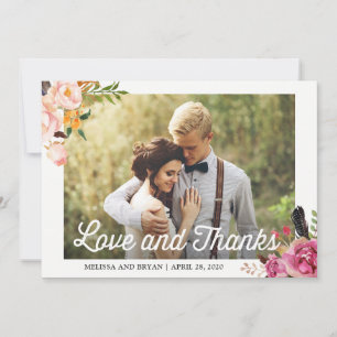 Rustic Boho Floral Wedding Photo Love and Thanks Thank You Card