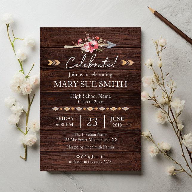 Rustic Boho Floral Wood Grain Graduation Invitation (Creator Uploaded)