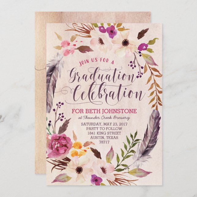 Rustic Boho Floral Wreath Graduation Invitations (Front/Back)