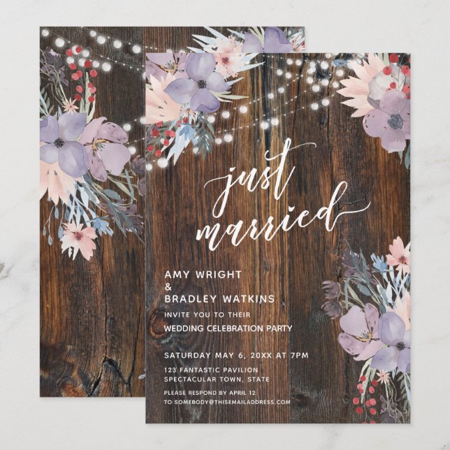 Rustic Boho Flowers & Lights Just Married Invitation (Front/Back)