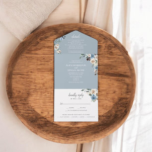 Rustic Boho Flowers Script Winter Dusty Blue All In One Invitation